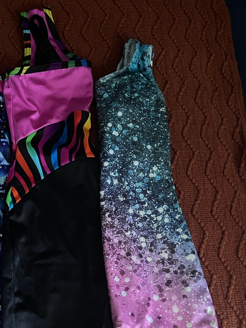2 Colorful Activewear girls gymnastics leotards— Pink, Black, Blue, Purple
